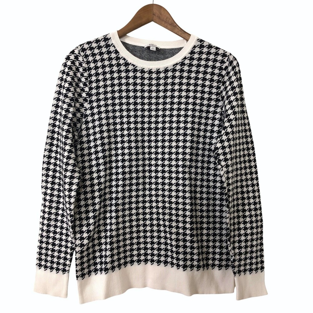 Houndstooth Cotton Knit‎ Sweater L Black White Preppy Kim Rogers